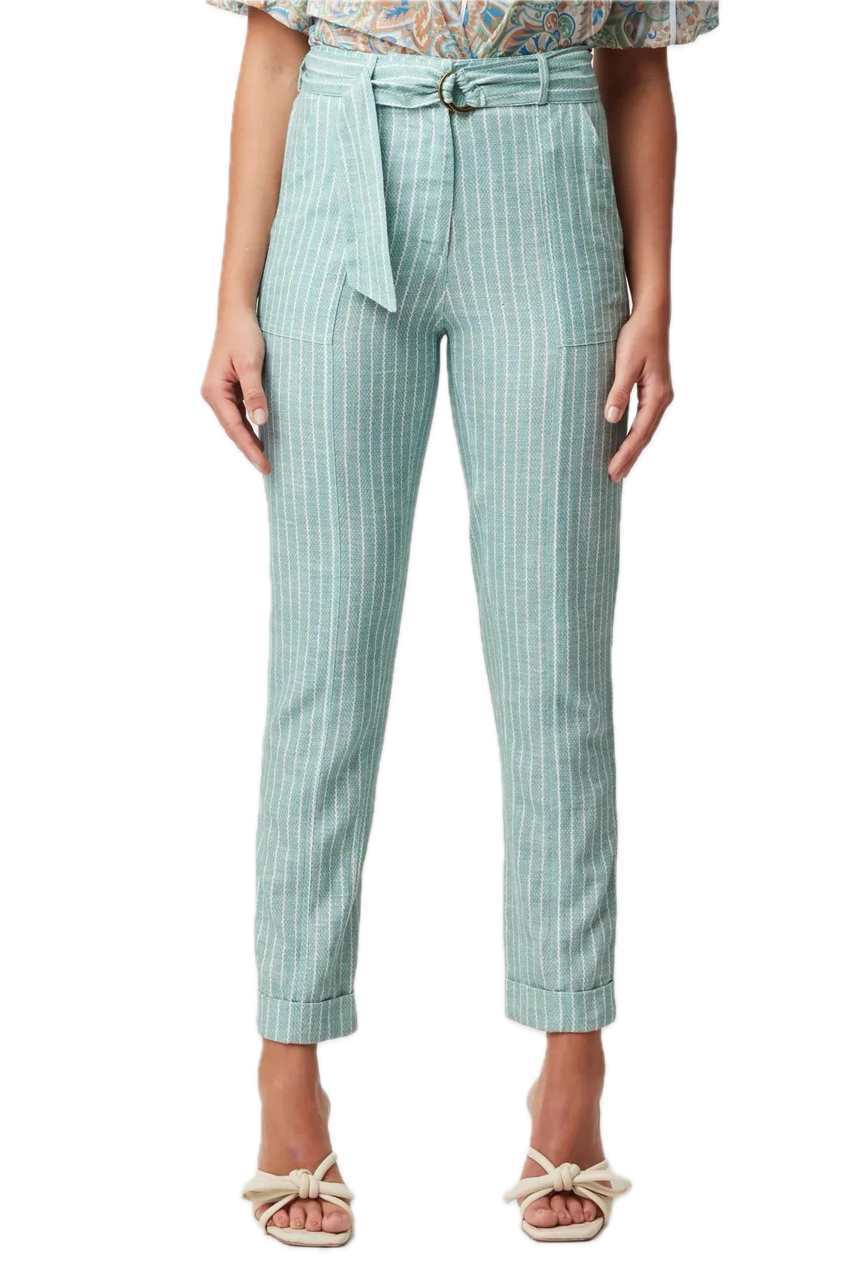 Once Was Capri Stripe TRANSIT Linen-Viscose High-Waisted Pants with Rolled Cuff