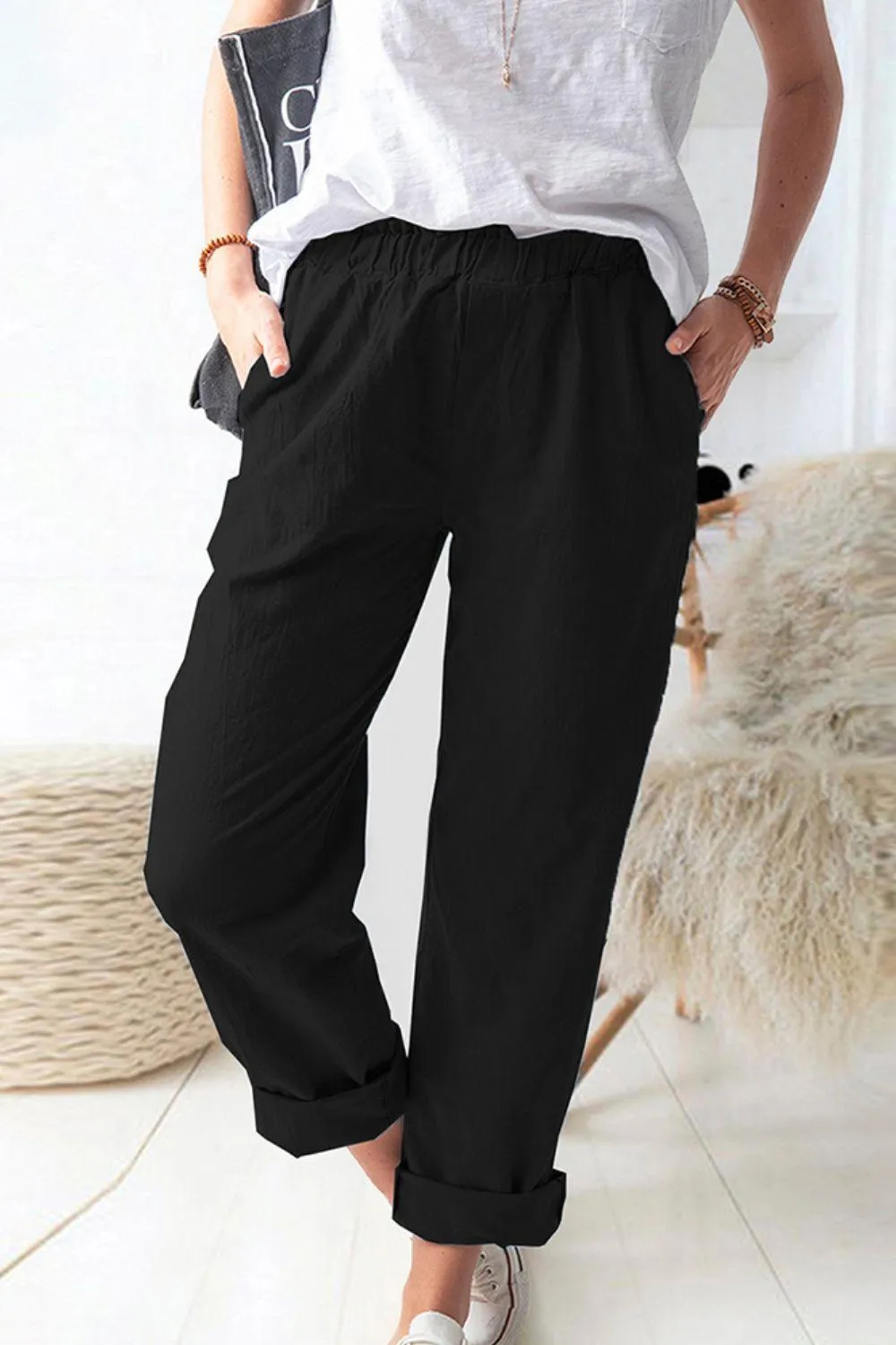 Paperbag Waist Pull-On Pants with Pockets