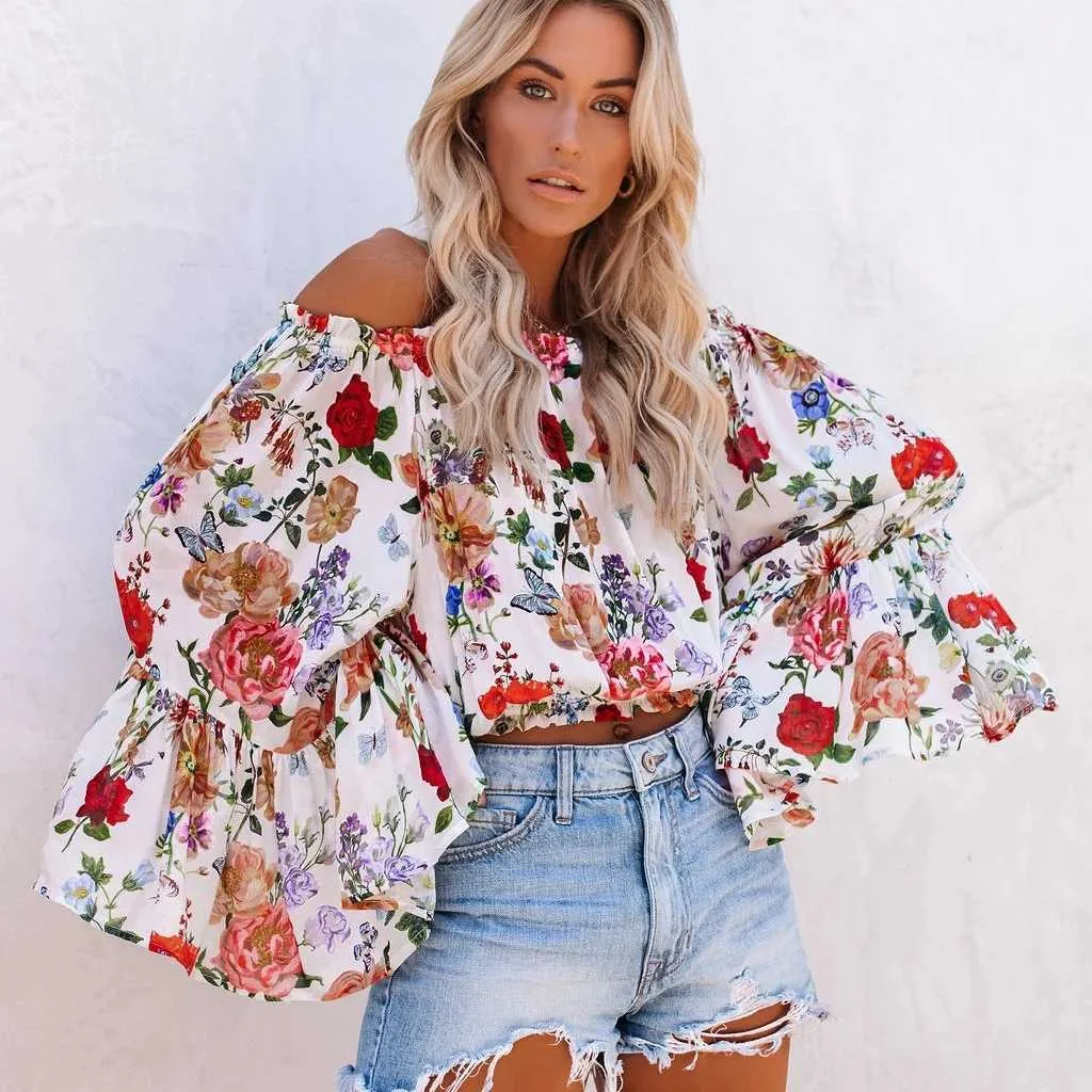 Printed one-shoulder flared sleeves and high-rise versatile top