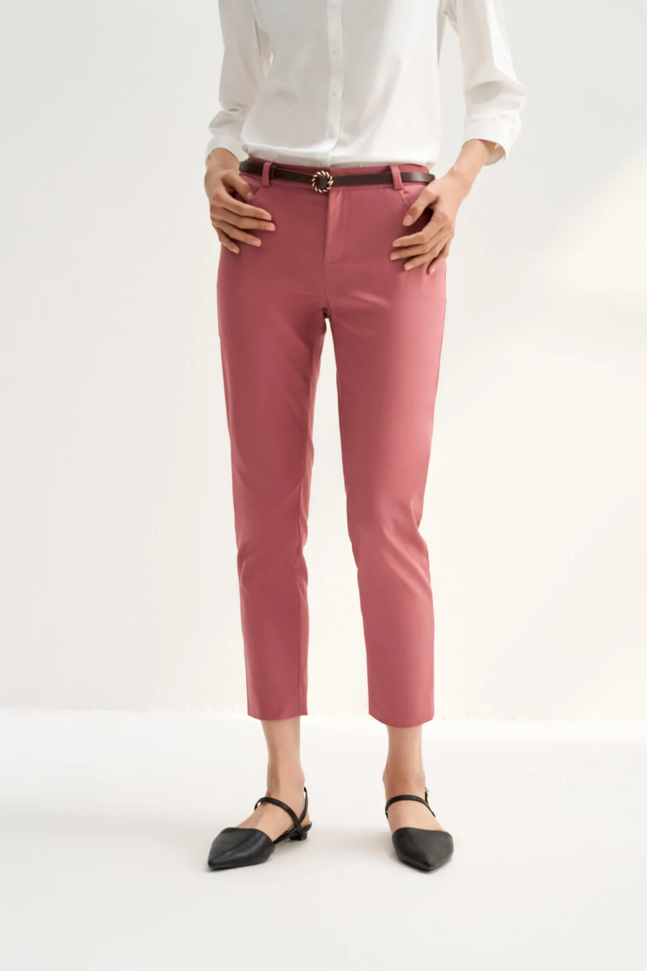 Stretchable Double Weave Skinny Cropped Pants with Belt