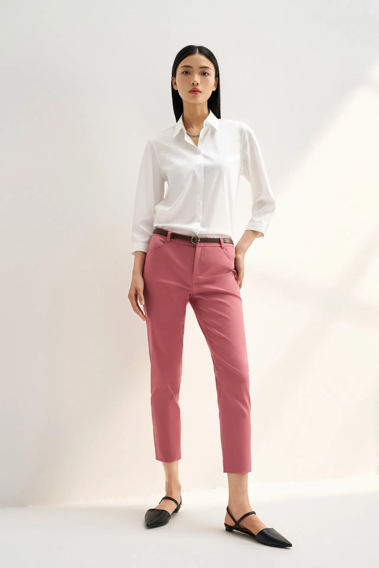 Stretchable Double Weave Skinny Cropped Pants with Belt