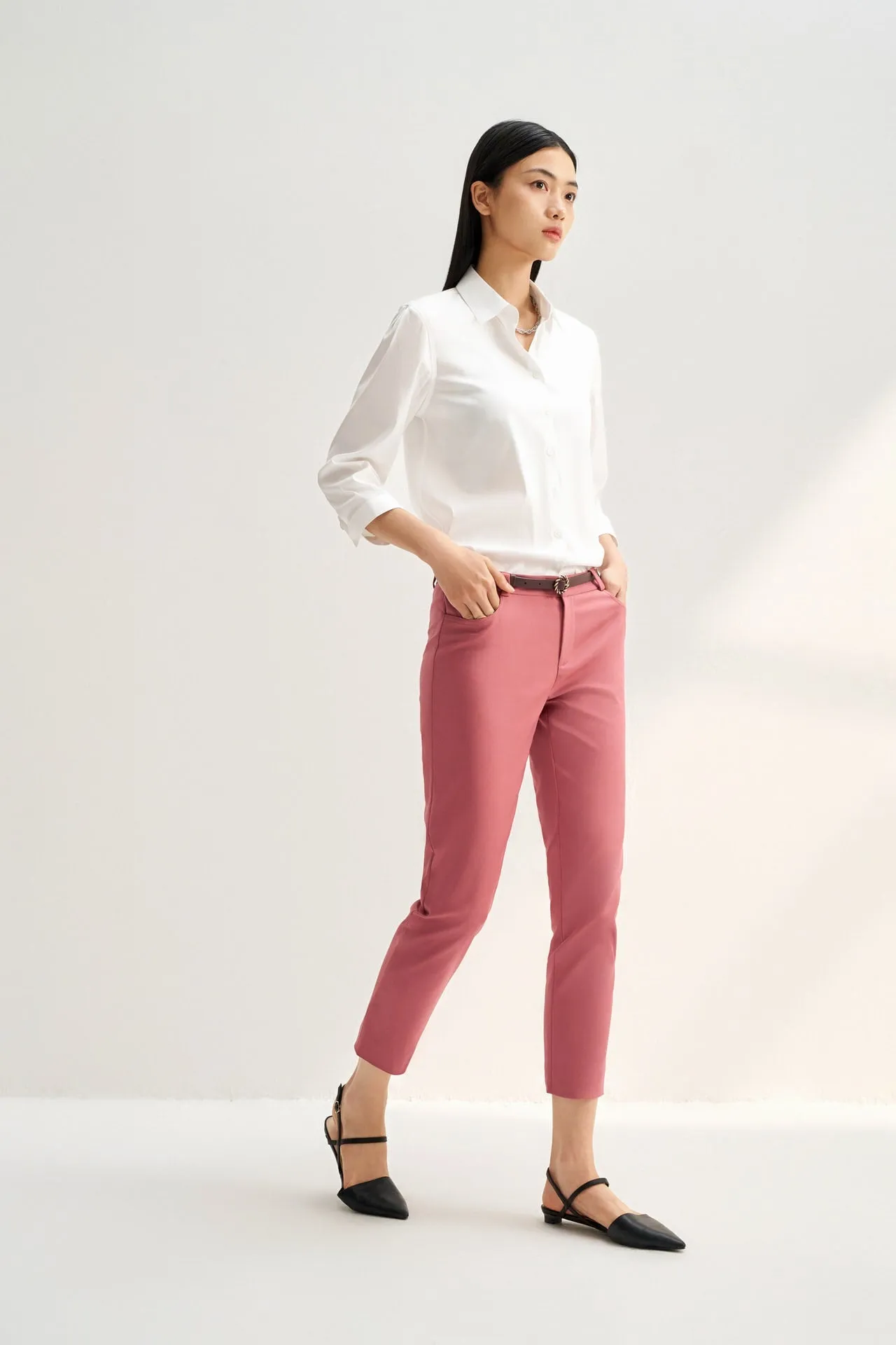 Stretchable Double Weave Skinny Cropped Pants with Belt