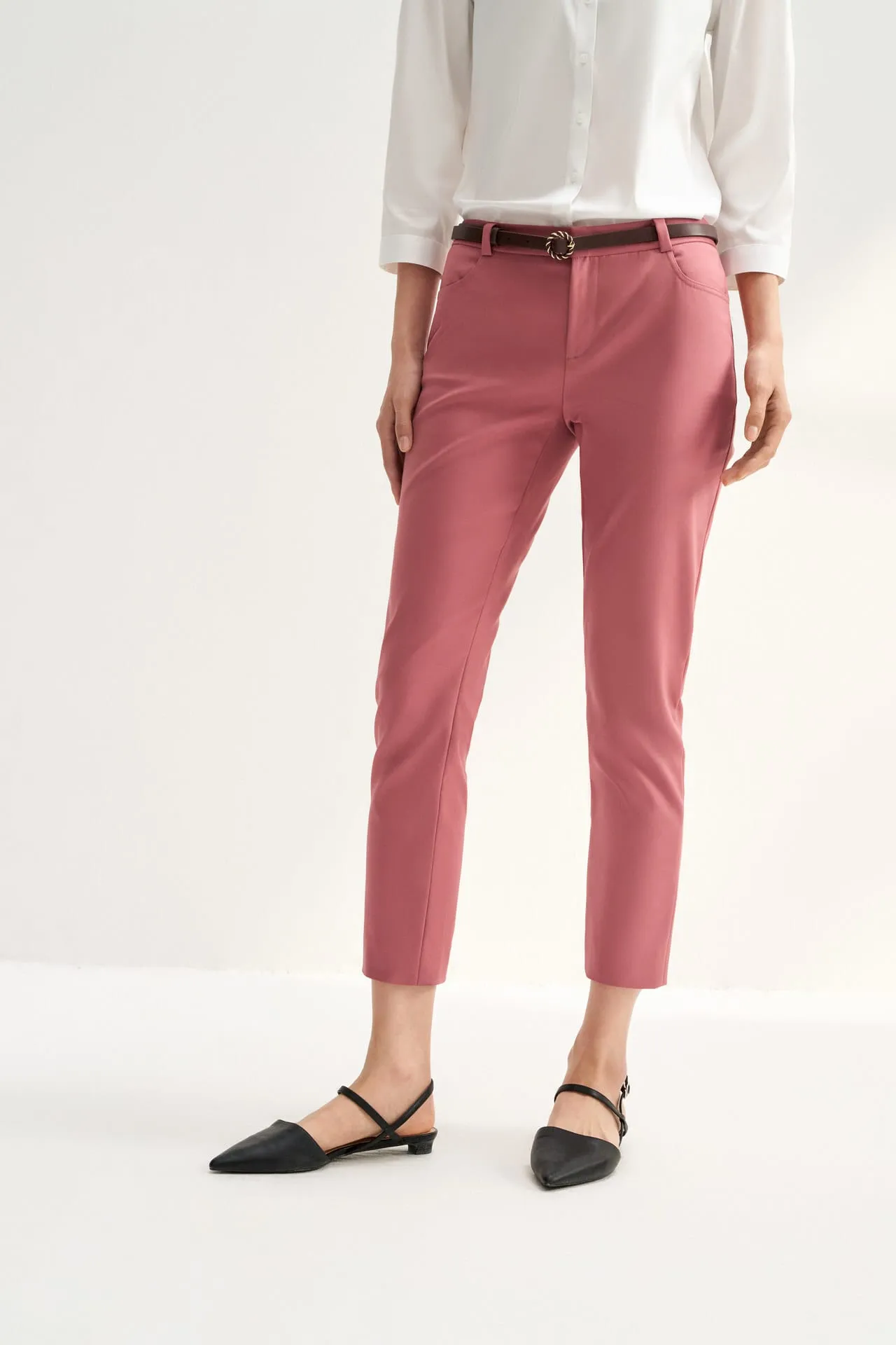 Stretchable Double Weave Skinny Cropped Pants with Belt