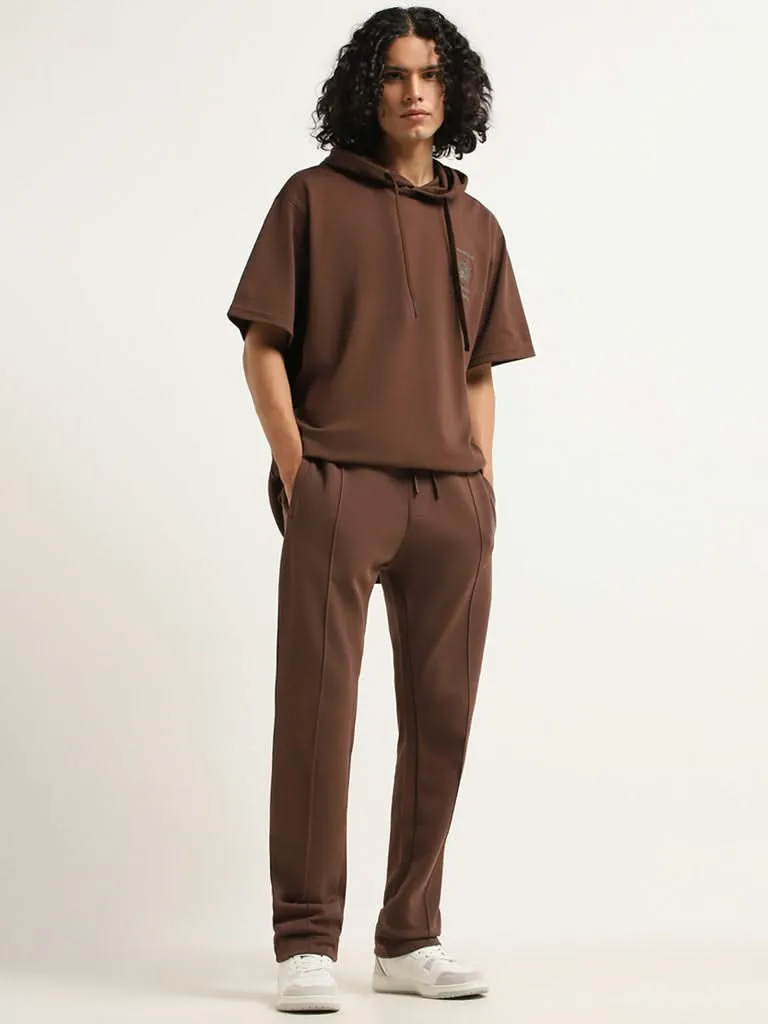 Studiofit Brown Plain Cotton Blend Relaxed Fit Track Pants