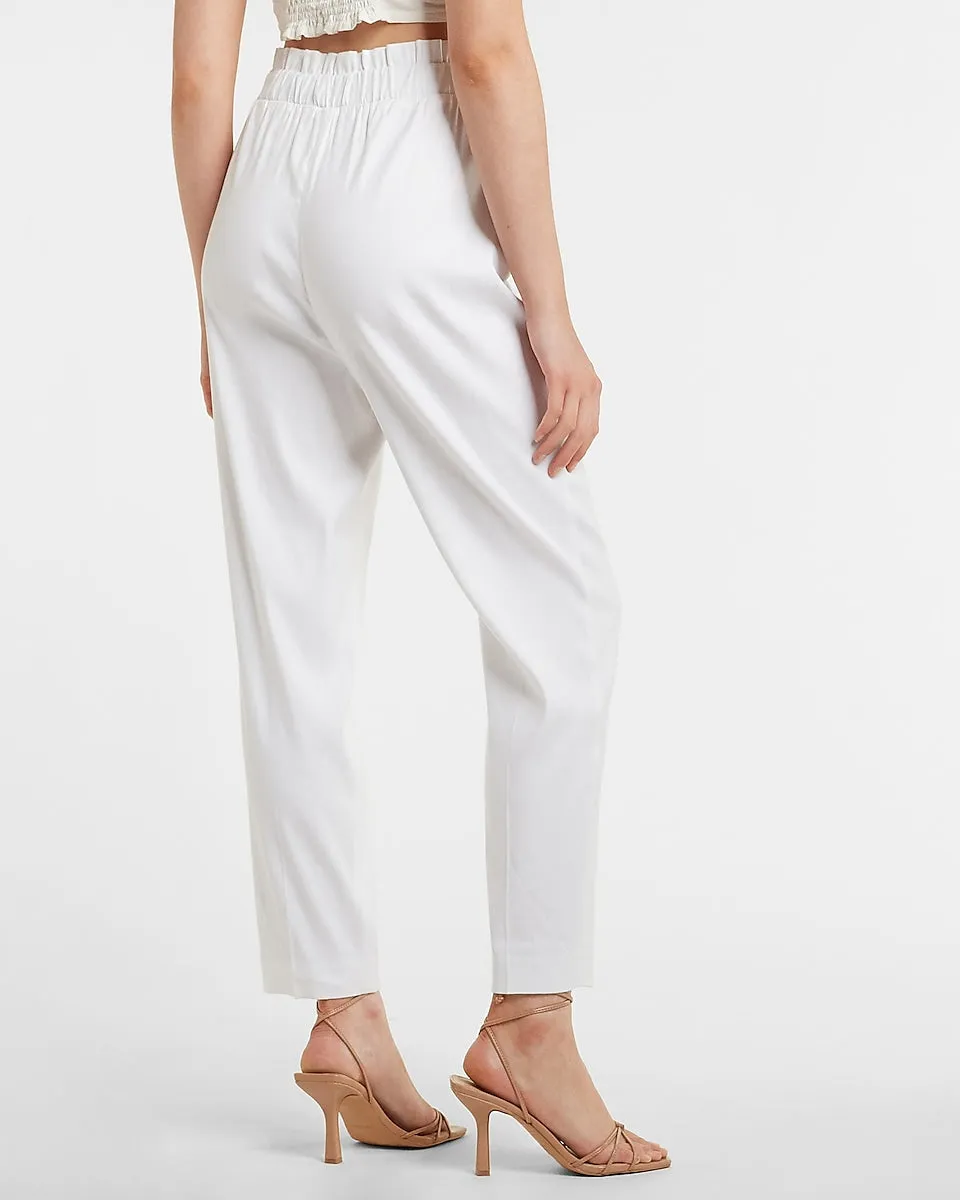 Super High Waisted Belted Linen-Blend Paperbag Ankle Pant in White