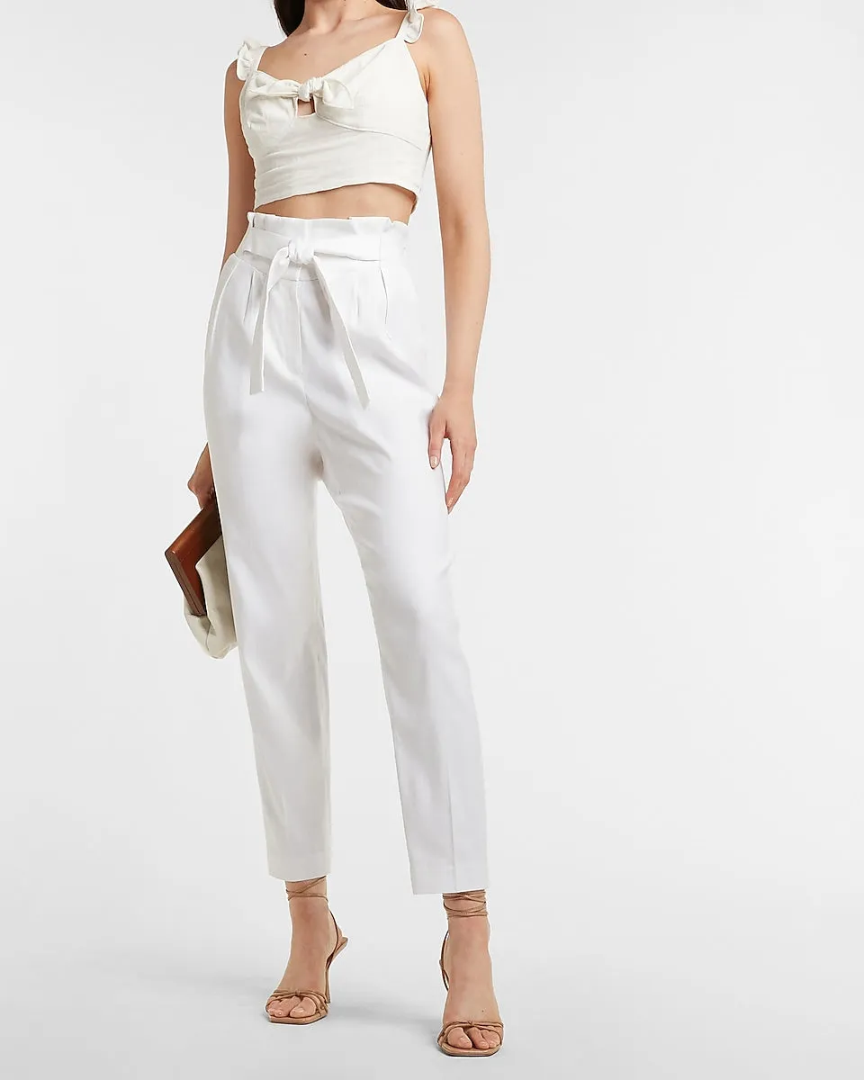 Super High Waisted Belted Linen-Blend Paperbag Ankle Pant in White