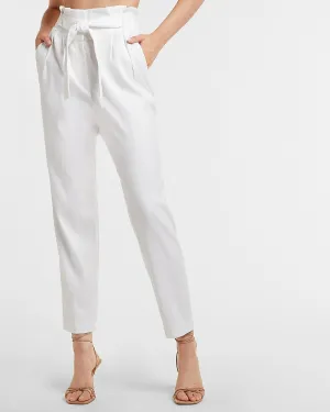 Super High Waisted Belted Linen-Blend Paperbag Ankle Pant in White