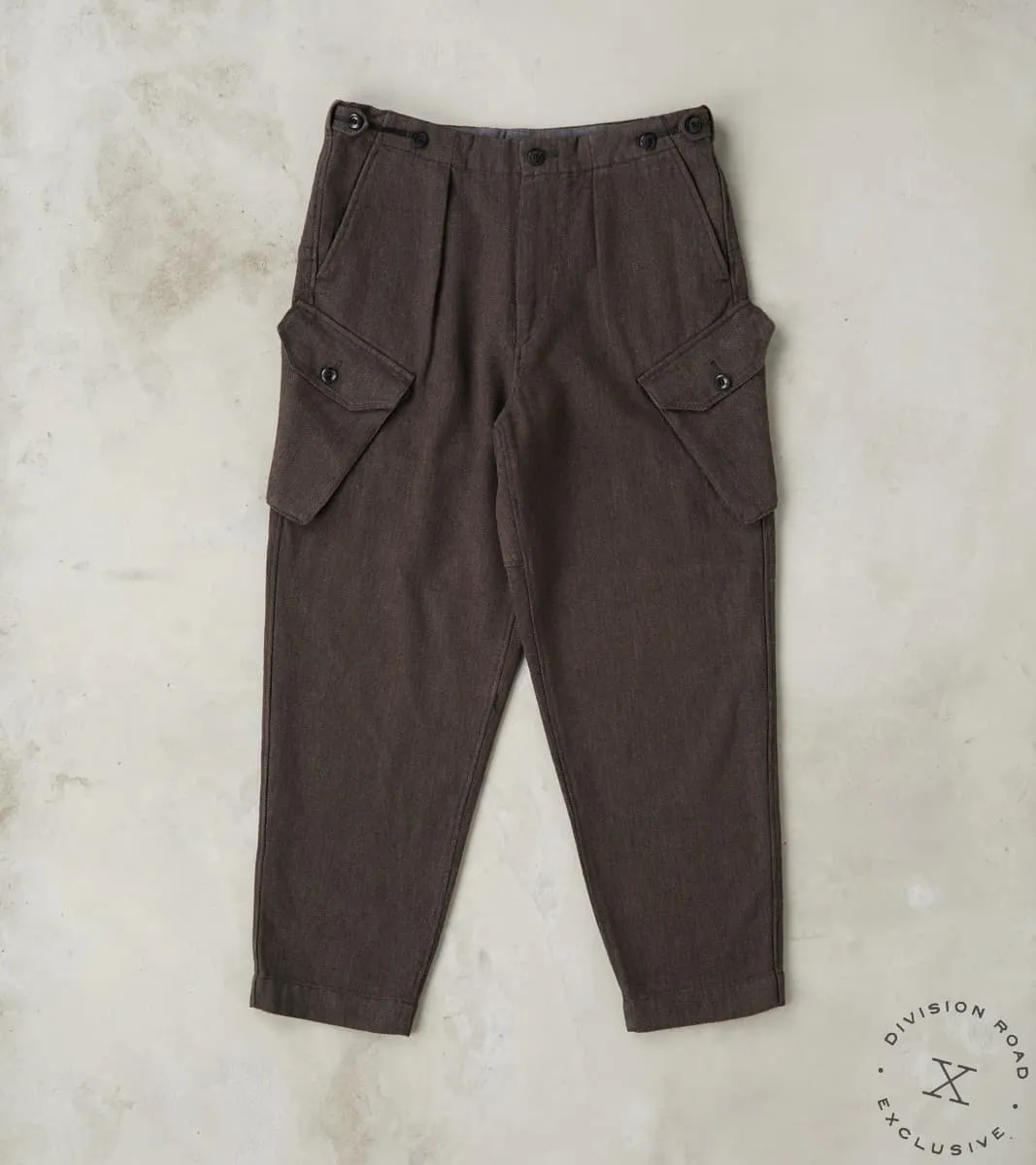 Swiss Army Cargo Trousers - Charcoal Brown Linen Wool Silk Herringbone Twill