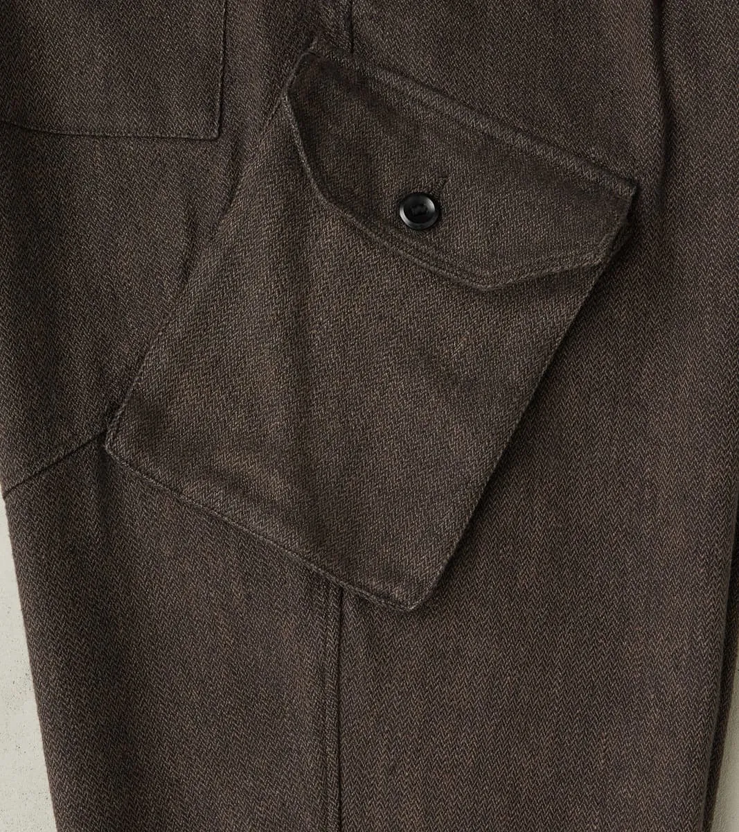 Swiss Army Cargo Trousers - Charcoal Brown Linen Wool Silk Herringbone Twill