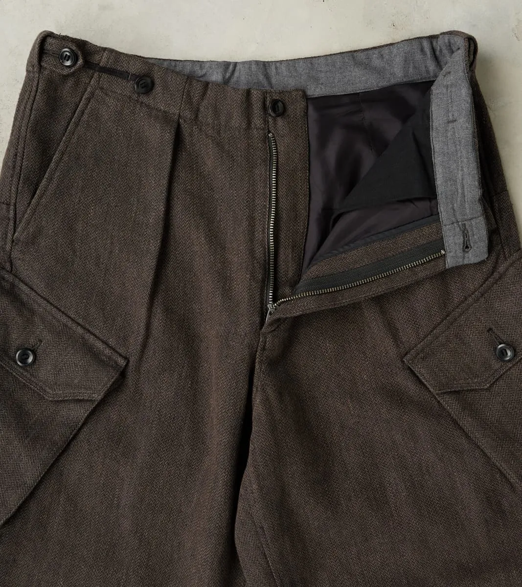 Swiss Army Cargo Trousers - Charcoal Brown Linen Wool Silk Herringbone Twill