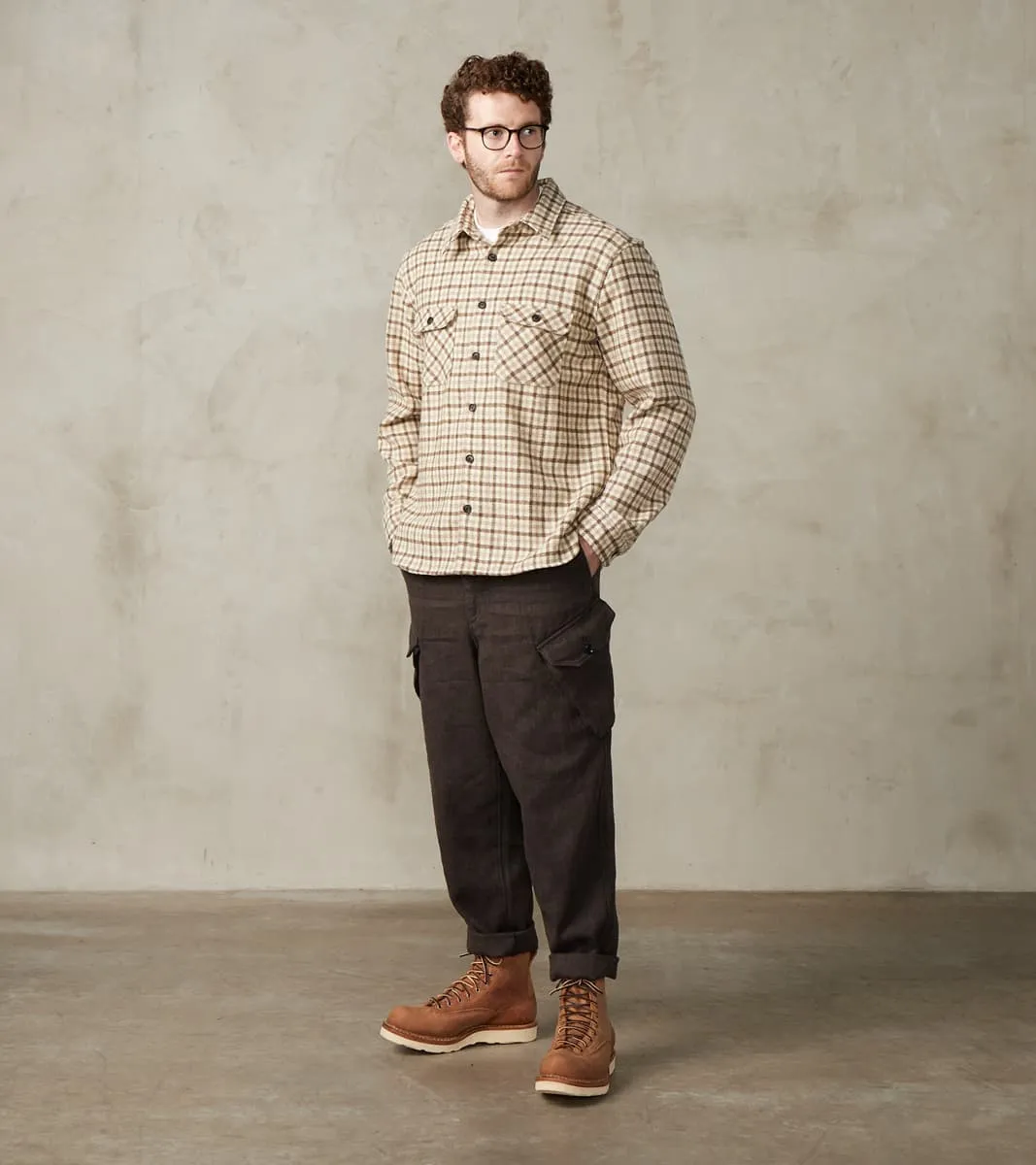 Swiss Army Cargo Trousers - Charcoal Brown Linen Wool Silk Herringbone Twill