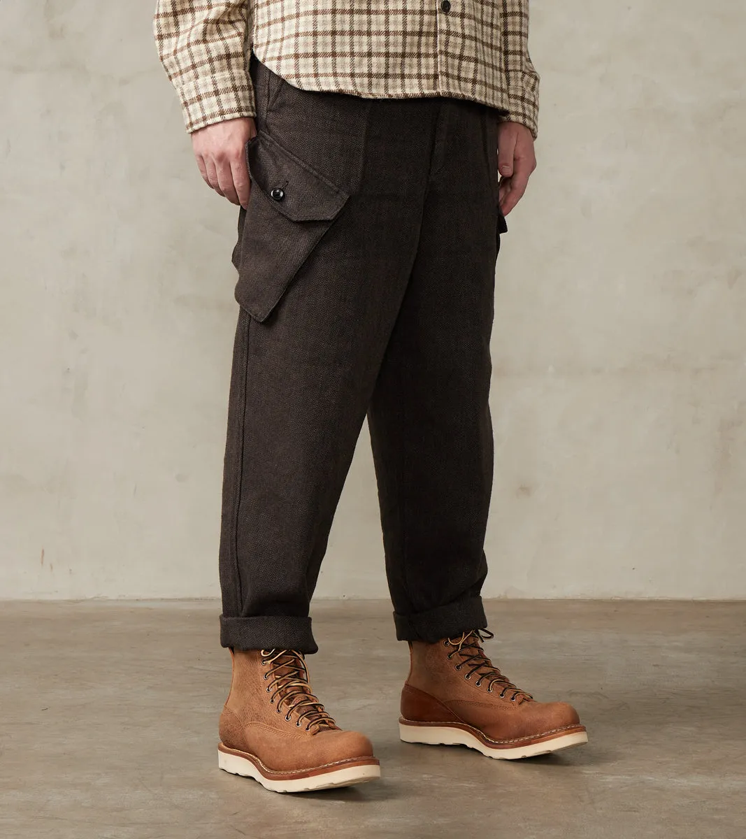 Swiss Army Cargo Trousers - Charcoal Brown Linen Wool Silk Herringbone Twill