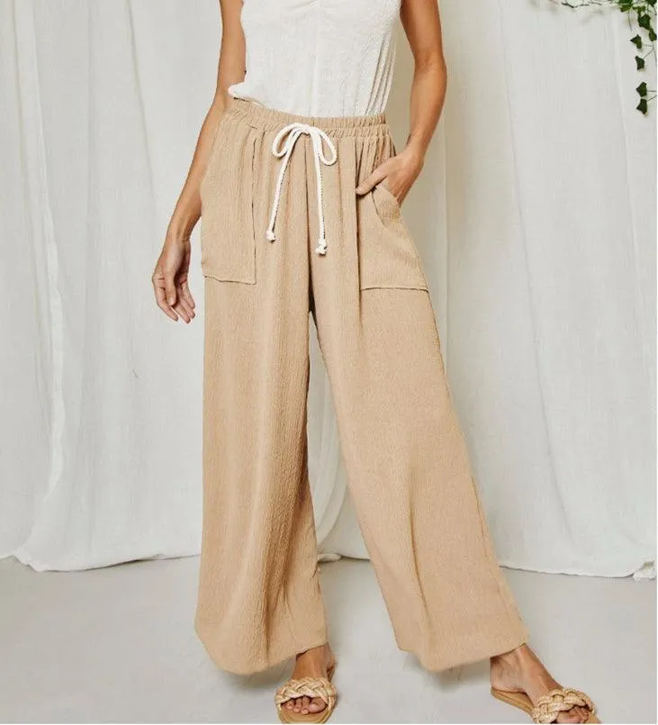 Taupe Wide-Leg Pants with Pockets - Made in USA