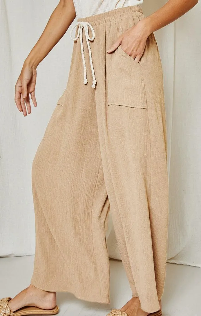 Taupe Wide-Leg Pants with Pockets - Made in USA