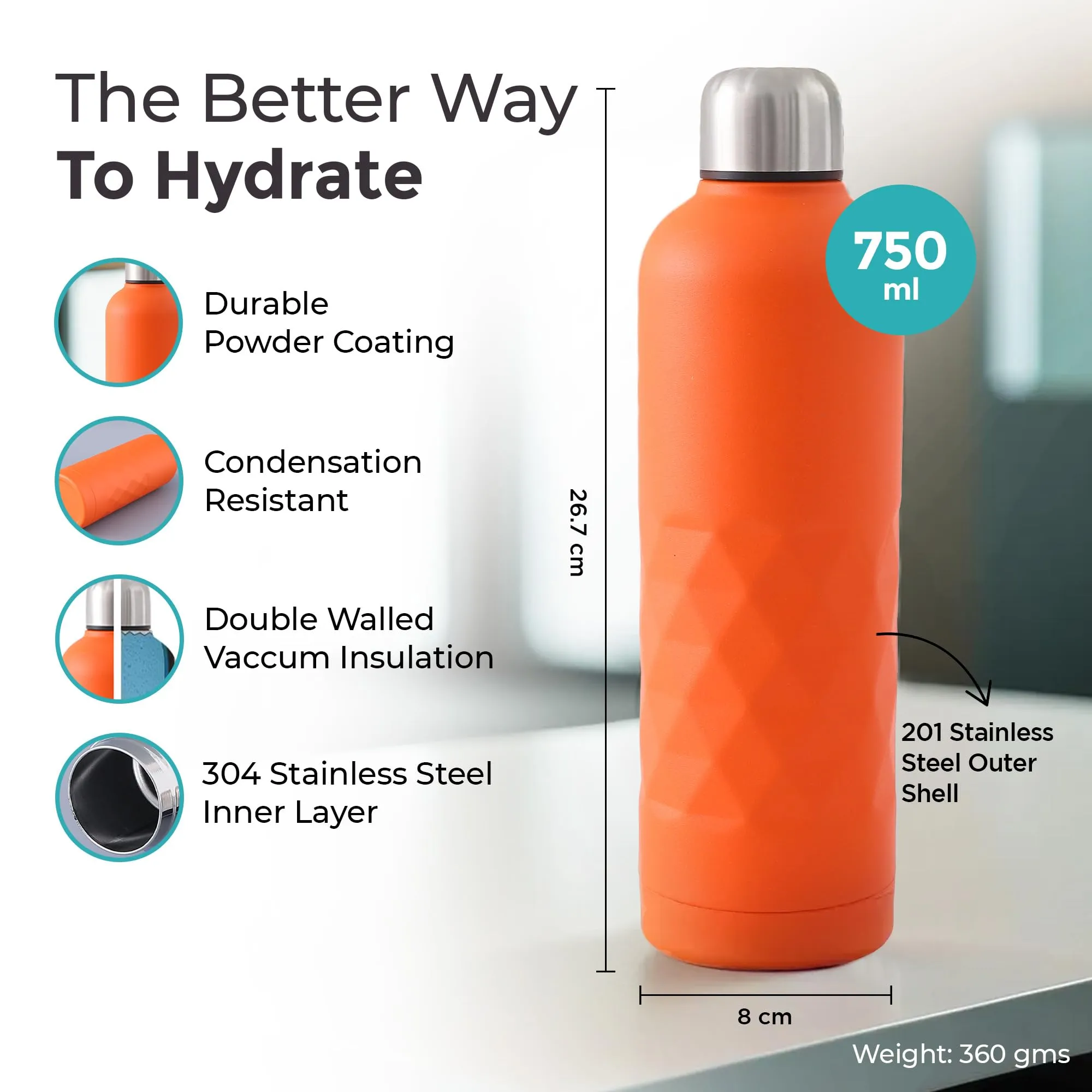 The Better Home Insulated Thermosteel Bottle 750ml | Small Flask Water Bottle for Kids School | Hot and Cold Water Bottle | Gym Bottles for Men/Women | Leakproof Screw Cap | Gifting Items (Orange)