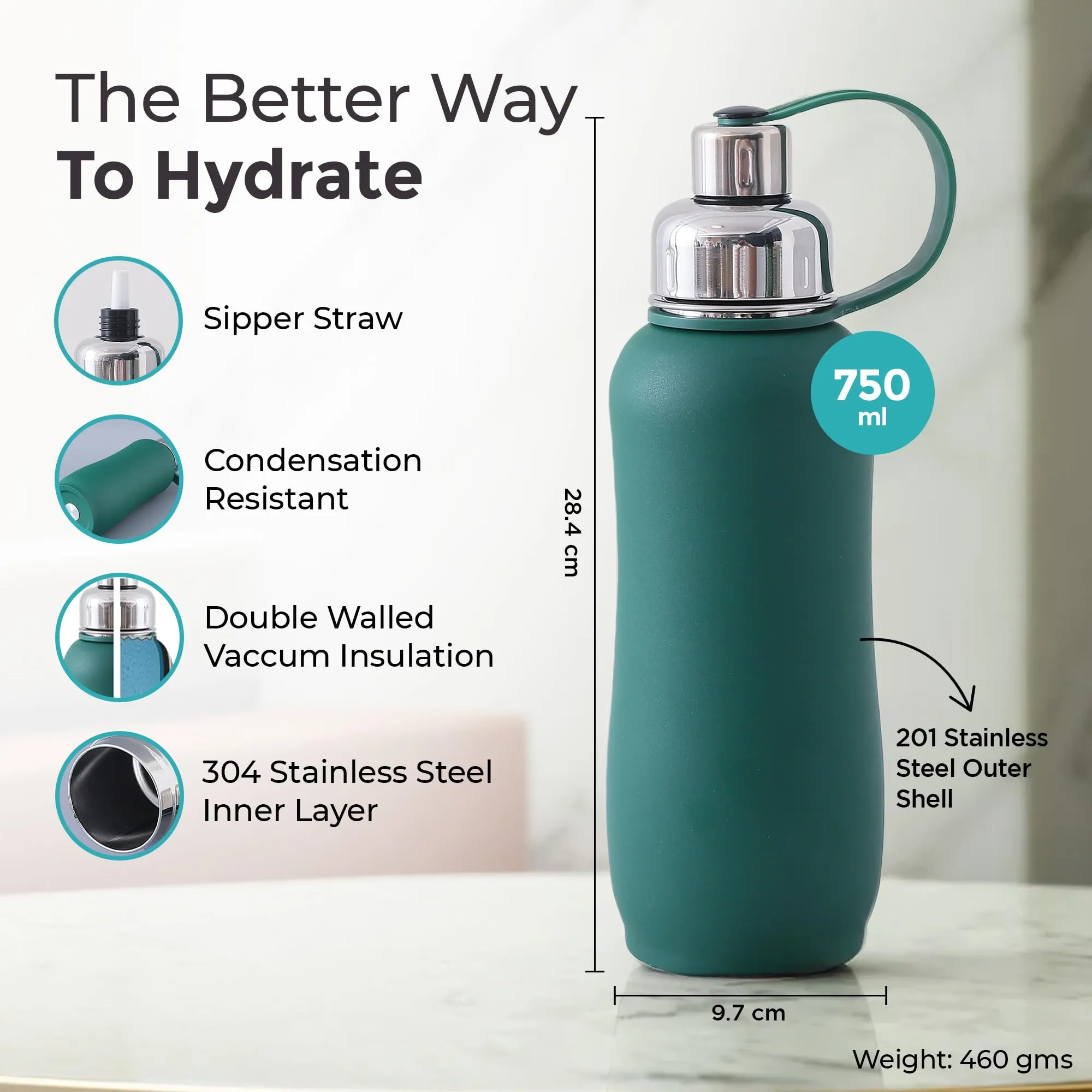 The Better Home Insulated Thermosteel Bottle 750ml | Small Flask Water Bottle for Kids School | Hot and Cold Water Bottle | Gym Bottles for Men/Women | Multi-Opening Cap | Gifting Items (Dark Green)