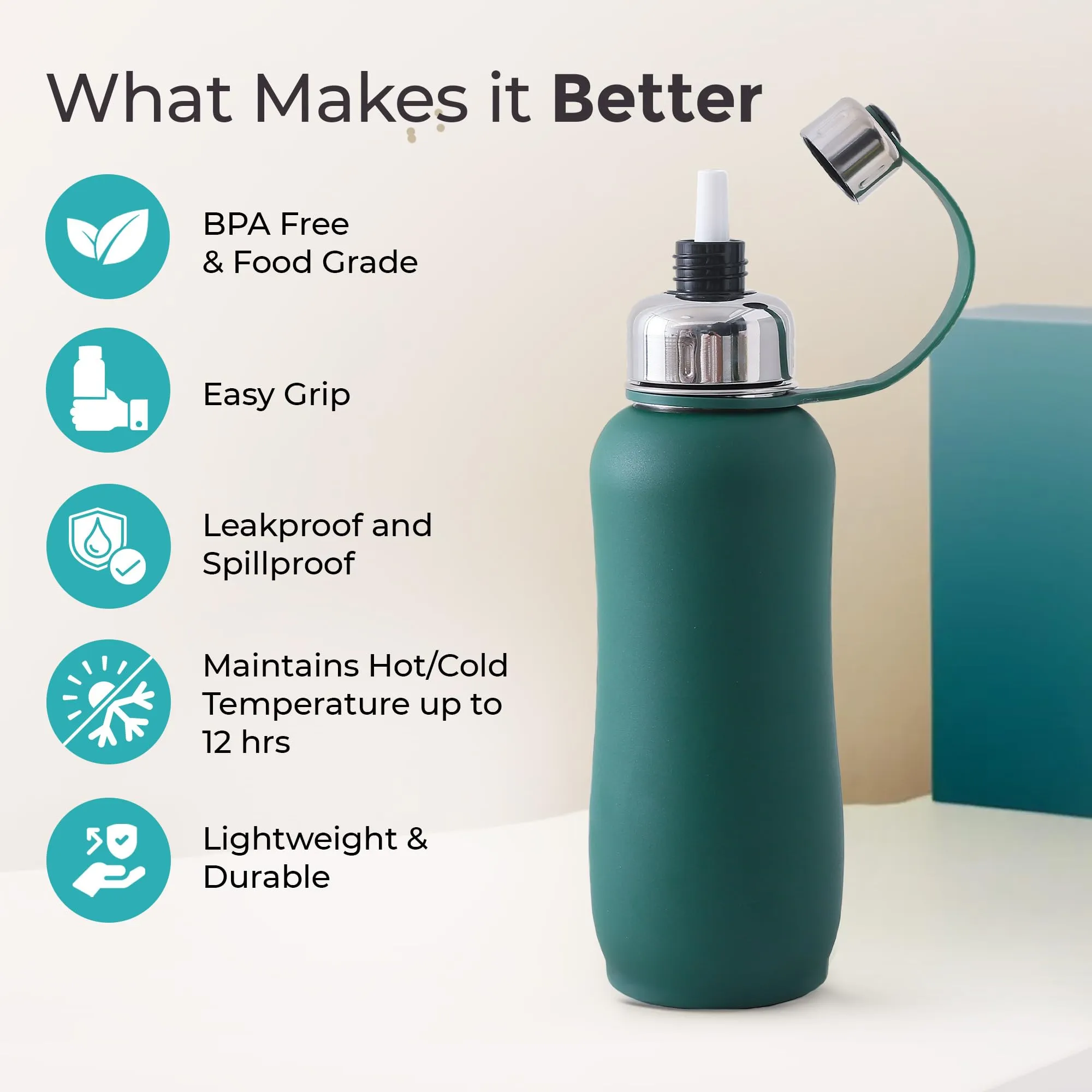 The Better Home Insulated Thermosteel Bottle 750ml | Small Flask Water Bottle for Kids School | Hot and Cold Water Bottle | Gym Bottles for Men/Women | Multi-Opening Cap | Gifting Items (Dark Green)