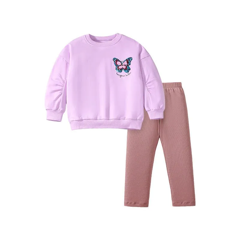 Toddler/Kid Girl's Beautiful Butterfly Print Design Sweatshirt with Leggings Set