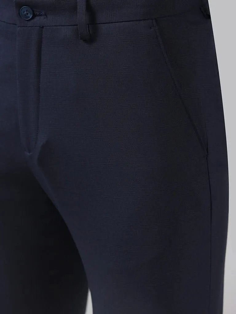 WES Formals Solid Navy Slim-Fit Mid-Rise Trousers