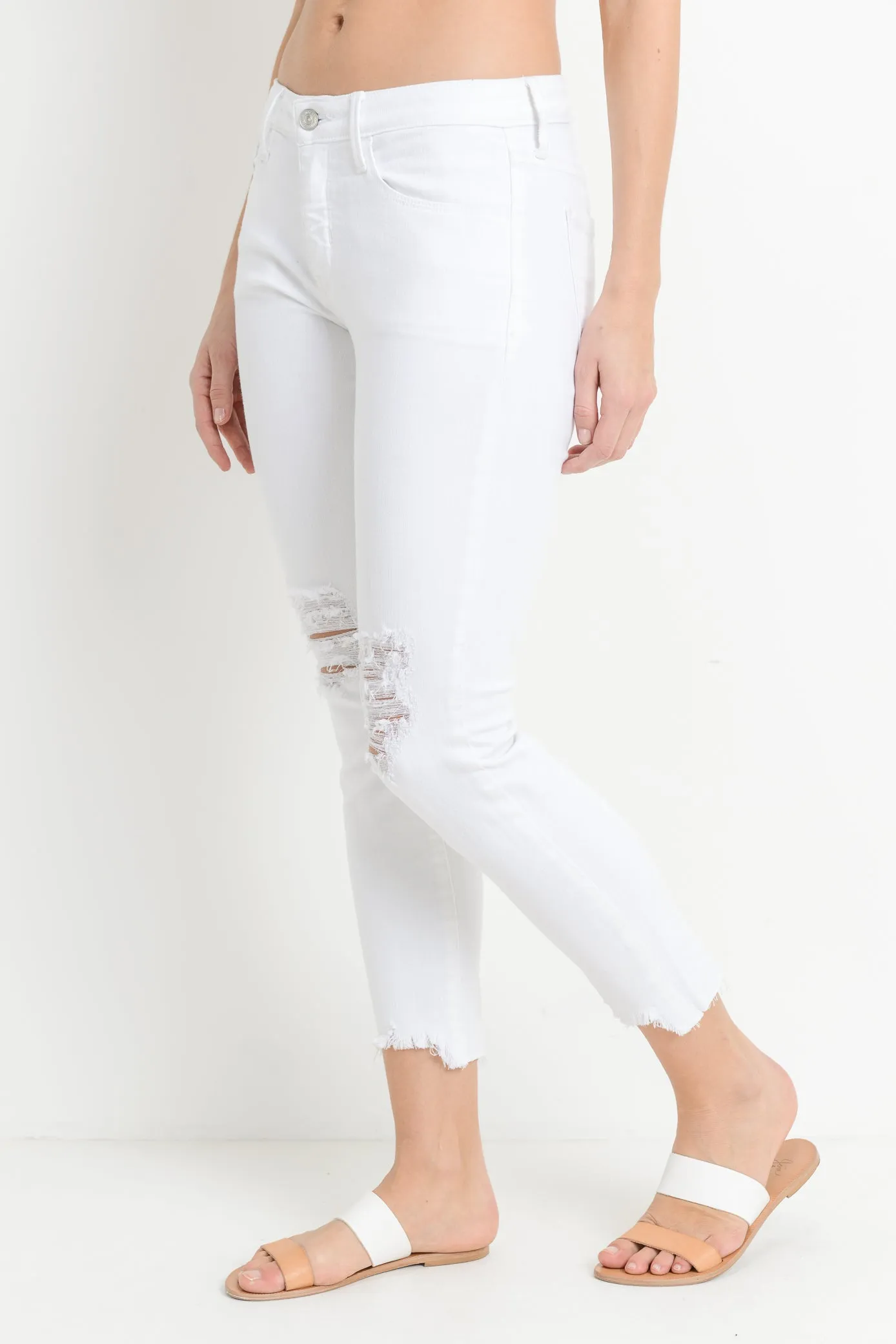 White Destroyed Hem Crop Skinny Jeans