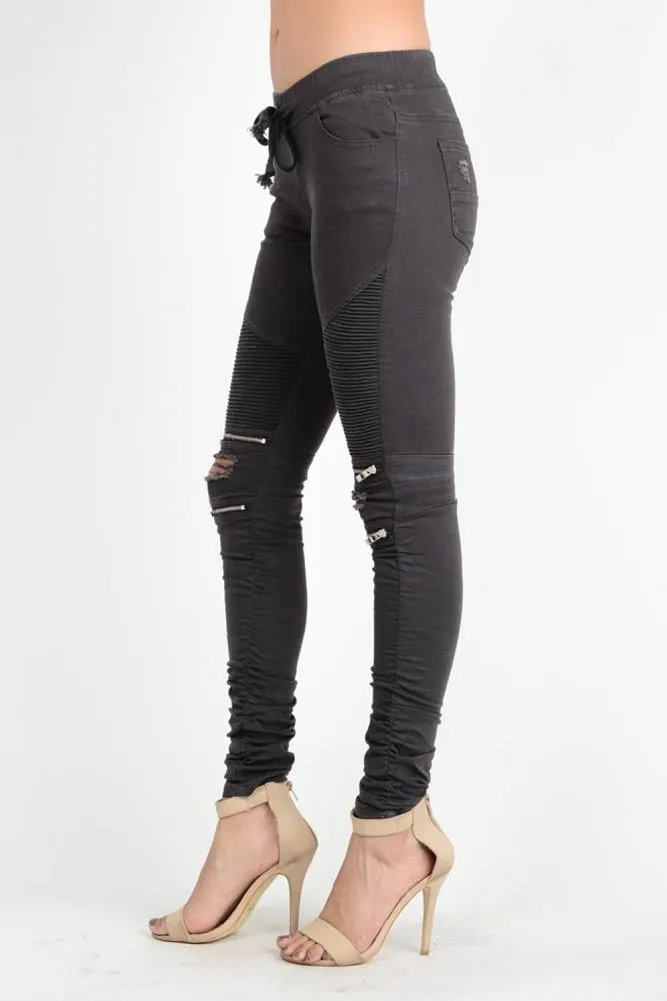 Women's Biker Style Ripped Zip Rider Jogger Pants