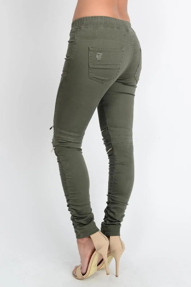 Women's Biker Style Ripped Zip Rider Jogger Pants